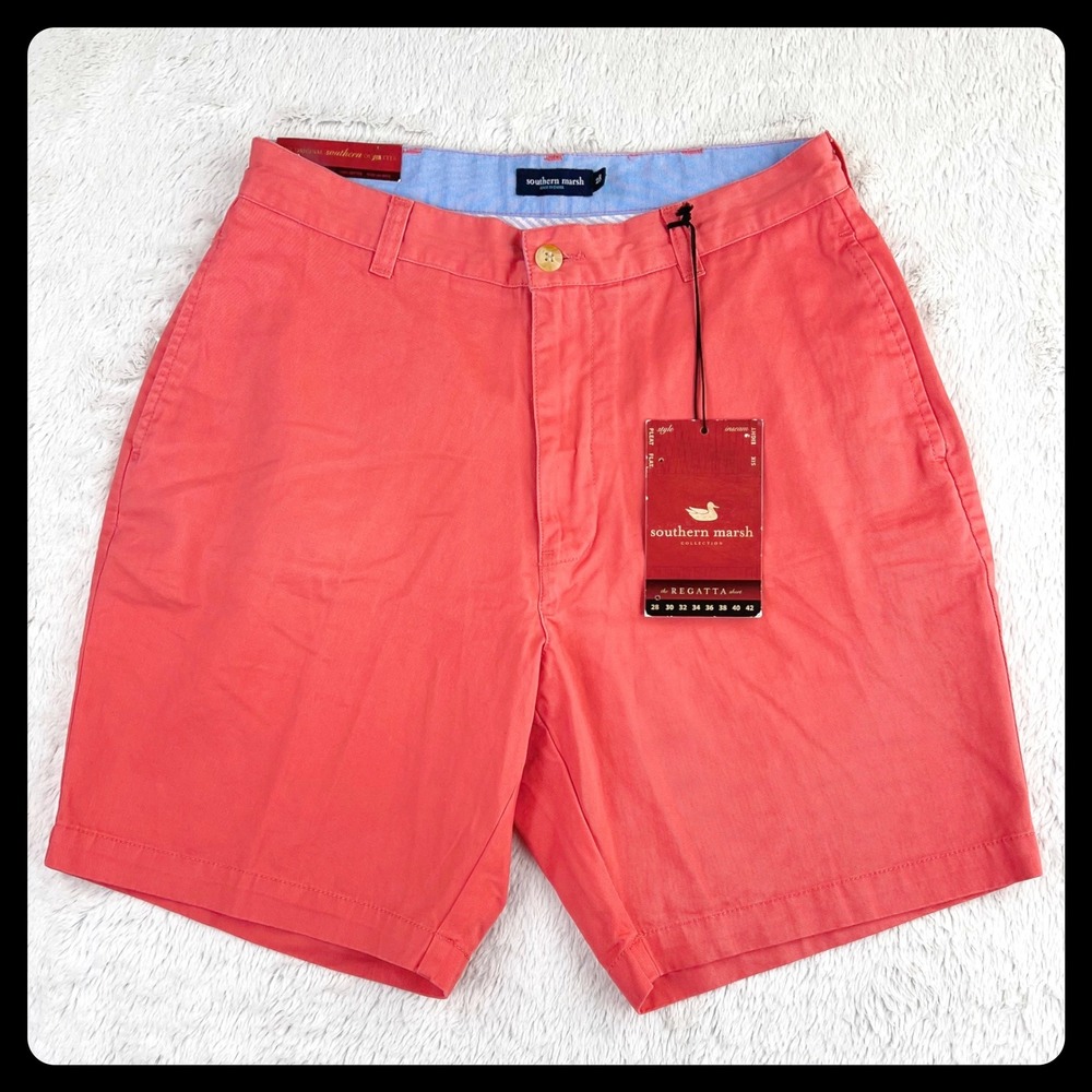 Southern Marsh Regatta Shorts Men's 28 Coral 100% Cotton Flat Front 8 Inseam NEW